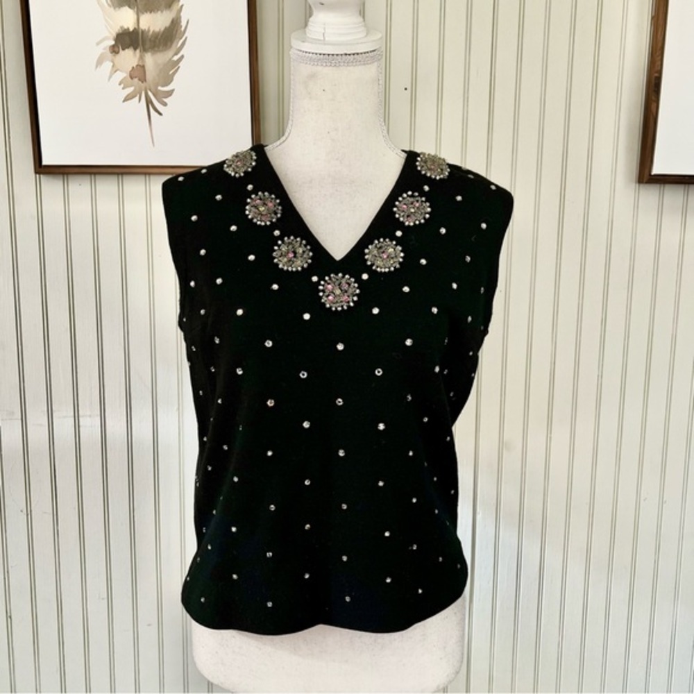 Cabot Vintage Crystal Clusters & Rhinestones Black Sleeveless Tank Top Blouse